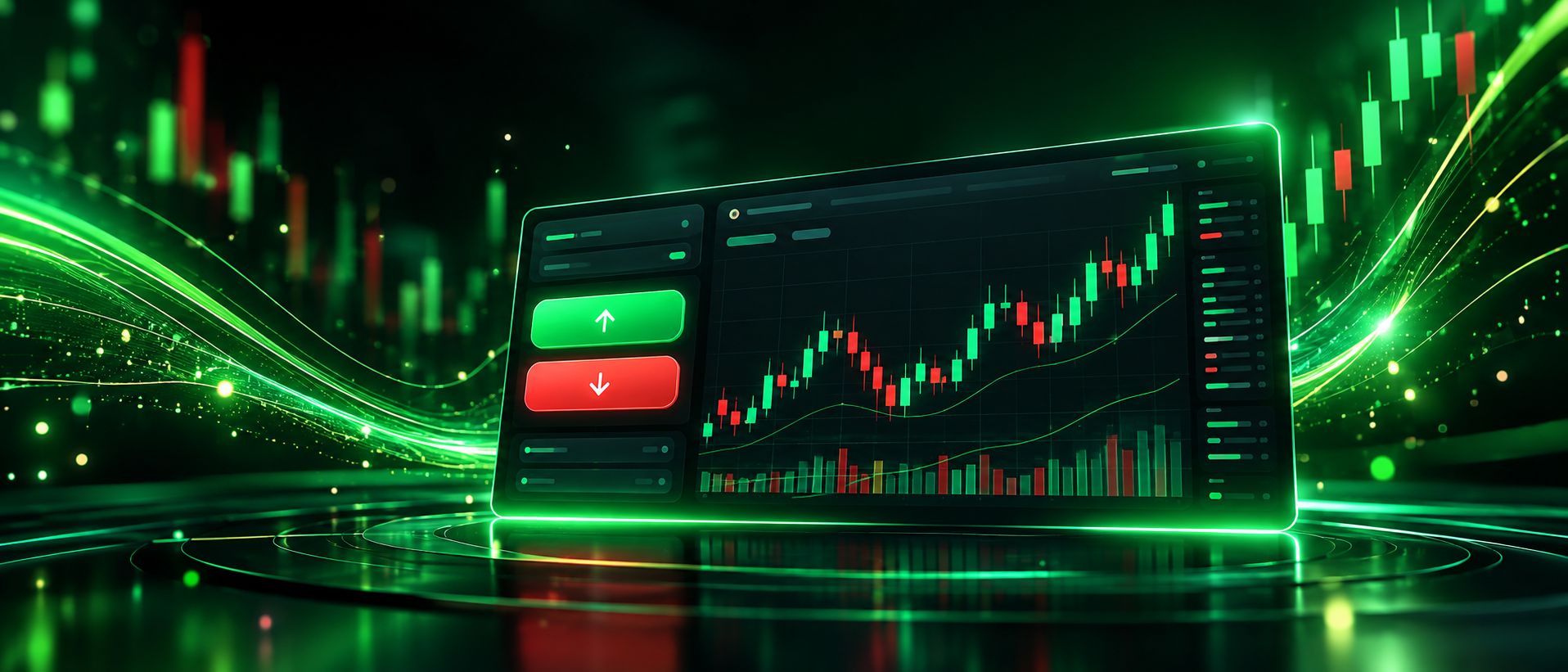 Clean buy and sell panel with green and red buttons and a candlestick chart