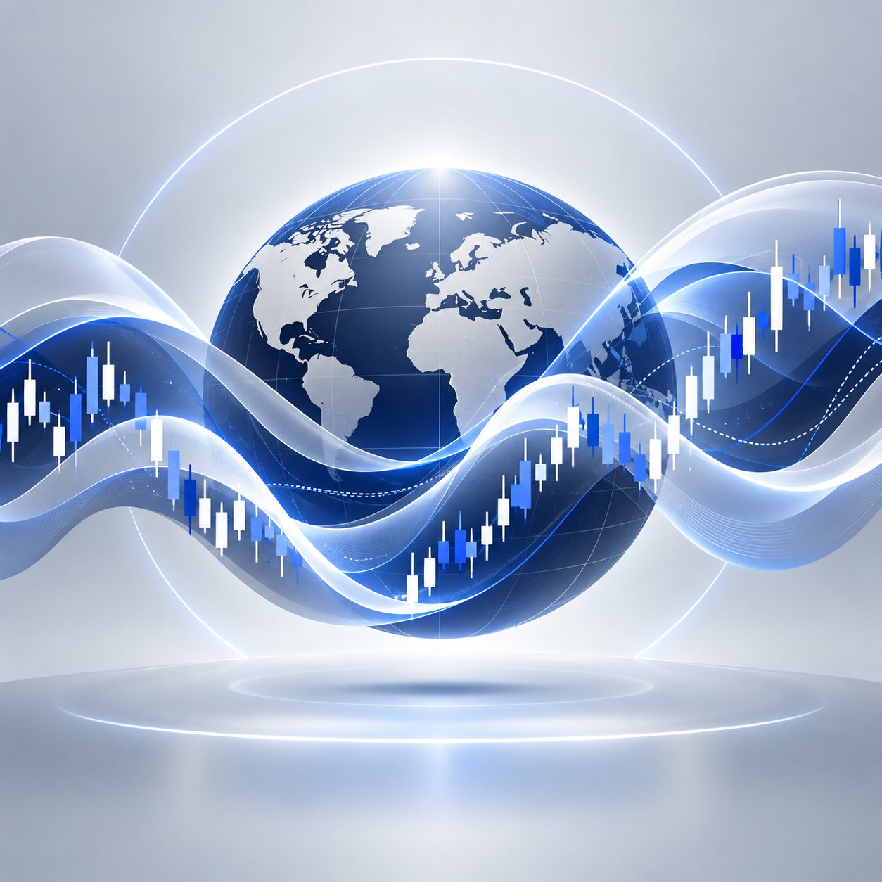 Abstract waves of light representing market volatility across currency charts