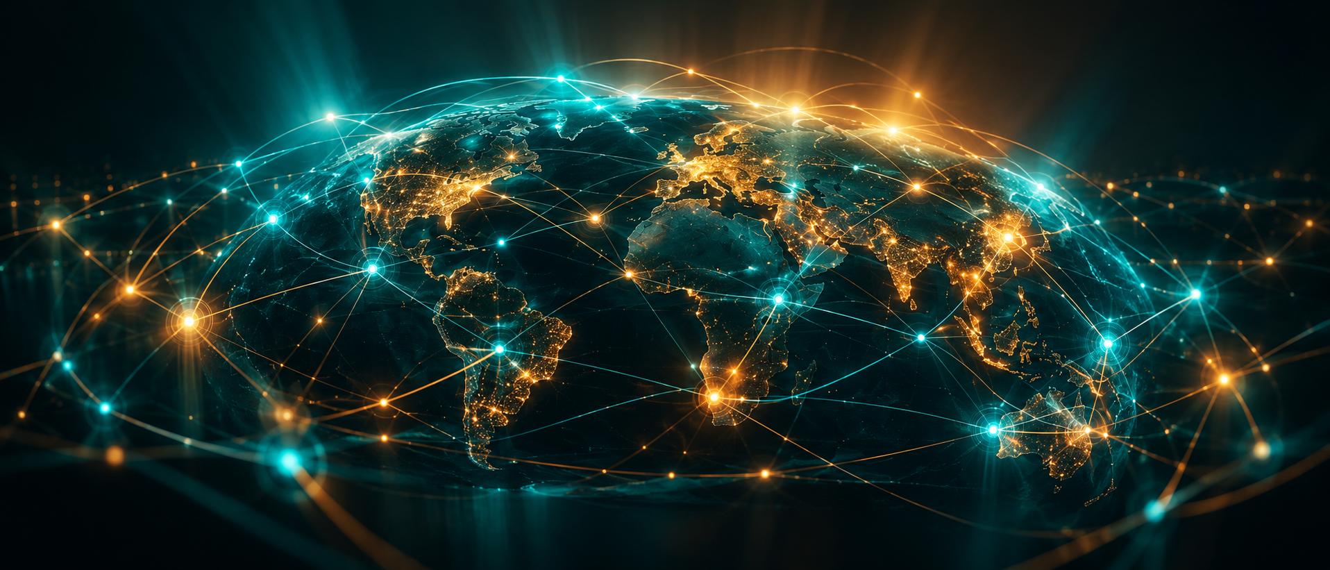 Global network of interconnected glowing nodes