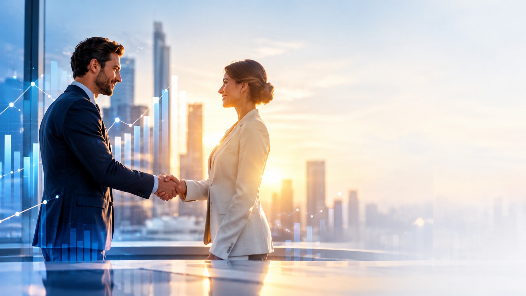 Handshake between two business professionals with charts overlay