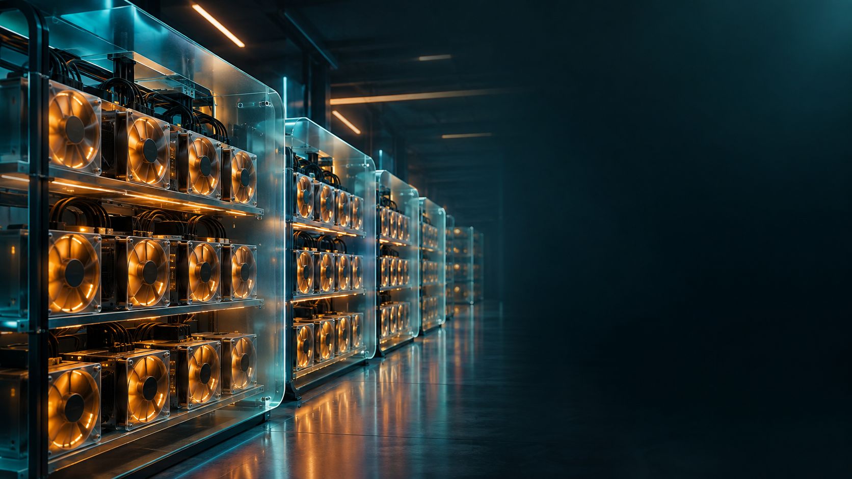 Rows of mining rigs with glowing fans in a dark data center