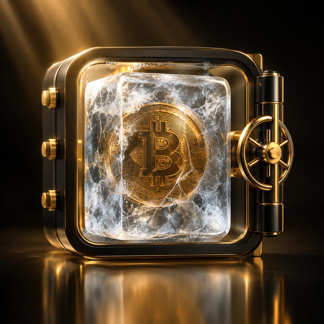 Frozen ice block encasing a crypto coin in a secure vault